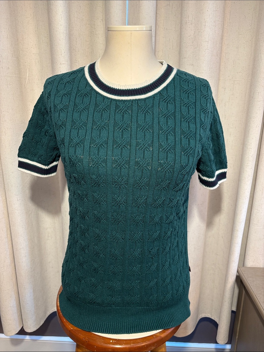 Tommy Hilfiger Green Cable Knit Short Sleeve Sweater 100% Cotton M